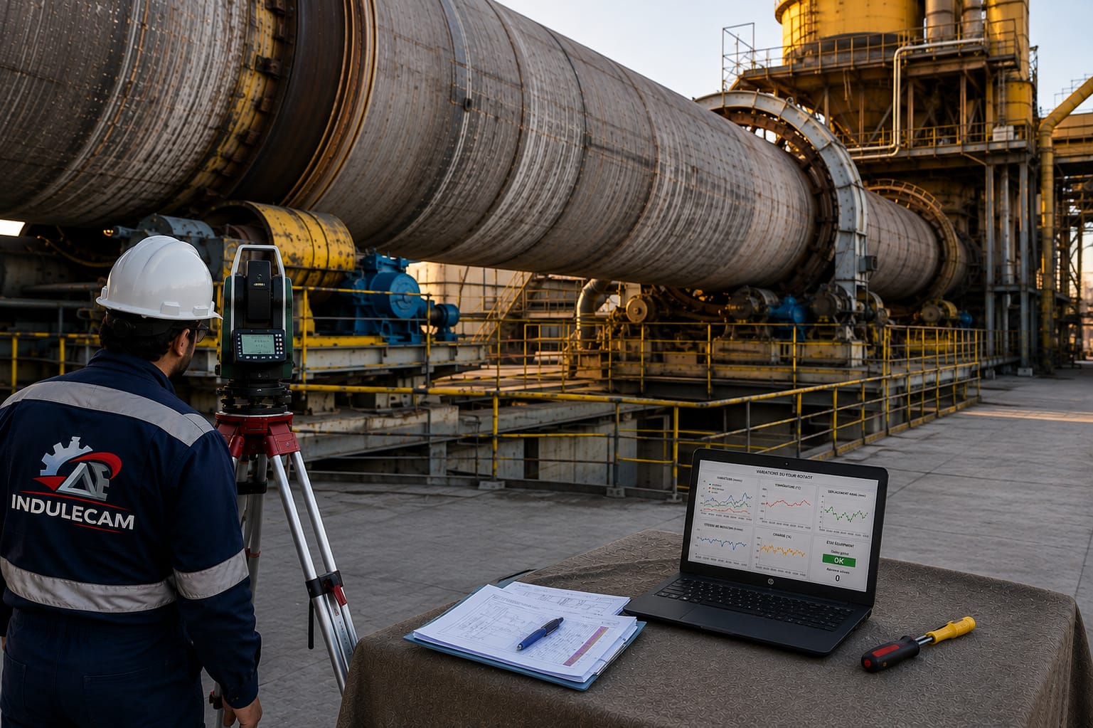 Technicien INDULECAM effectuant un contrôle topographique sur un four rotatif industriel